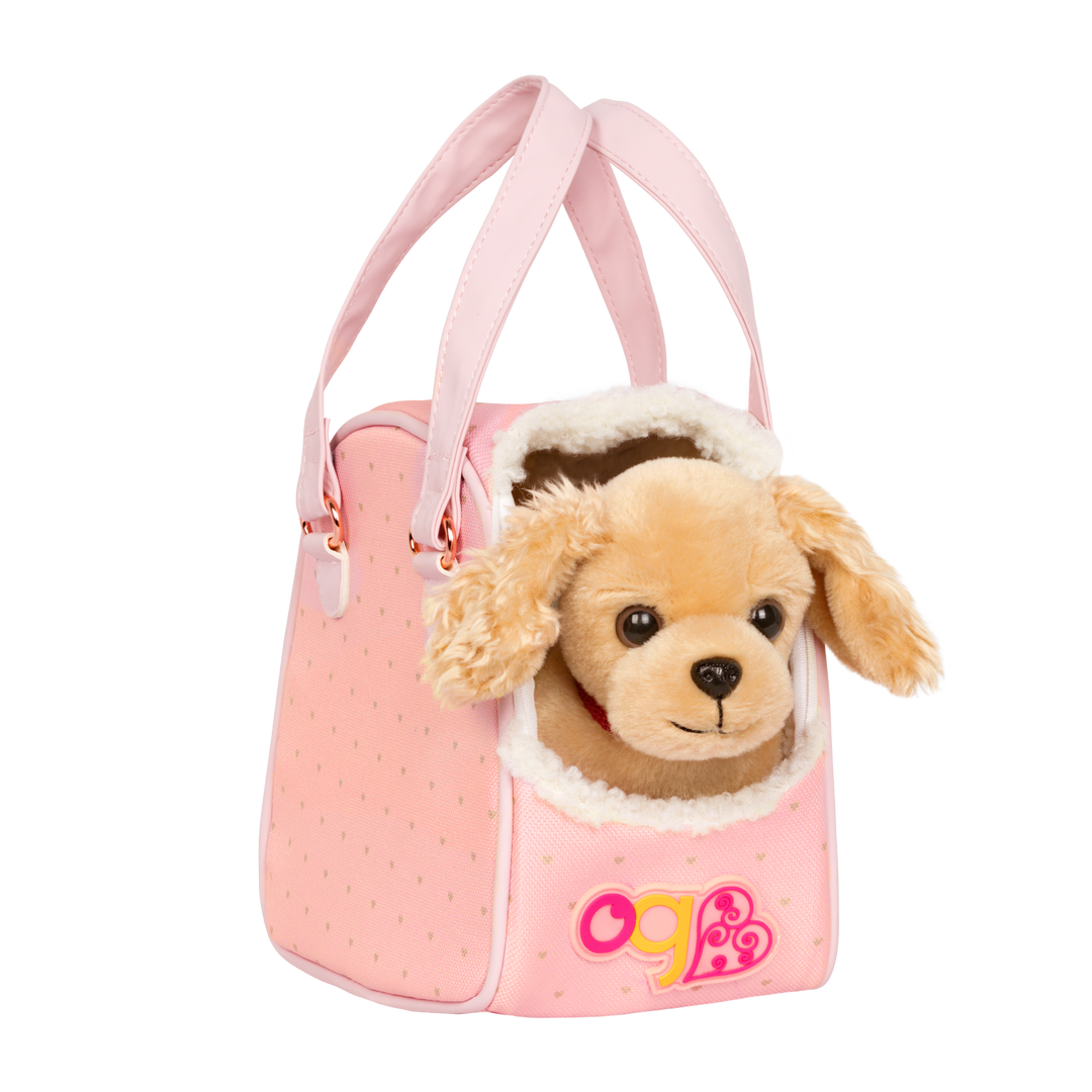 Hop In Dog Carrier - Cocker Spaniel with Pink Carrier Bag - Pet Accessories for OG Dolls - Our Generation UK