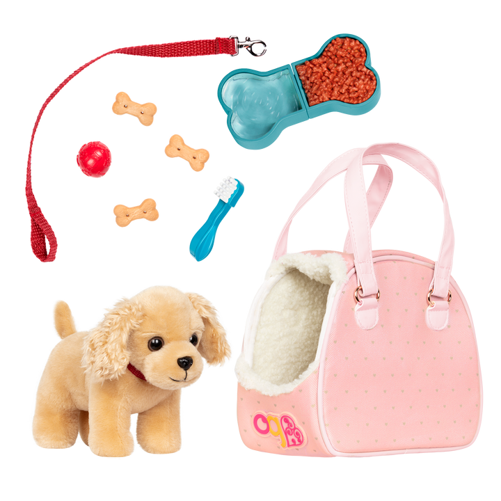 Hop In Dog Carrier - Cocker Spaniel with Pink Carrier Bag - Pet Accessories for OG Dolls - Our Generation UK