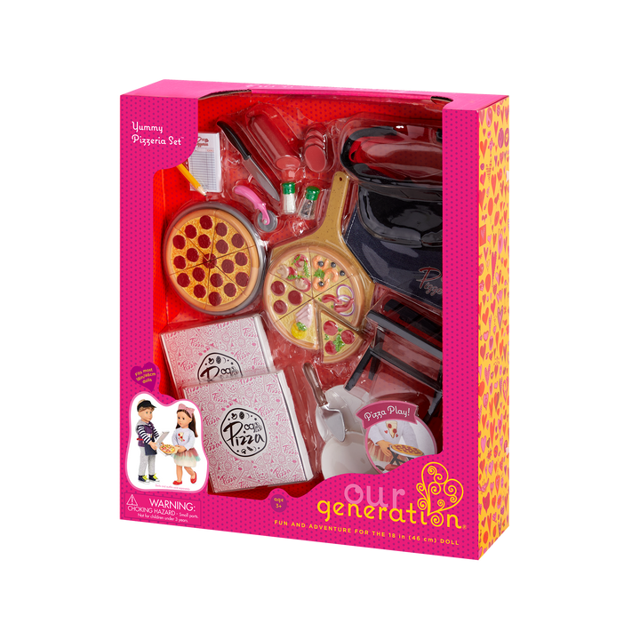 Two 18-inch dolls with pizzeria playset