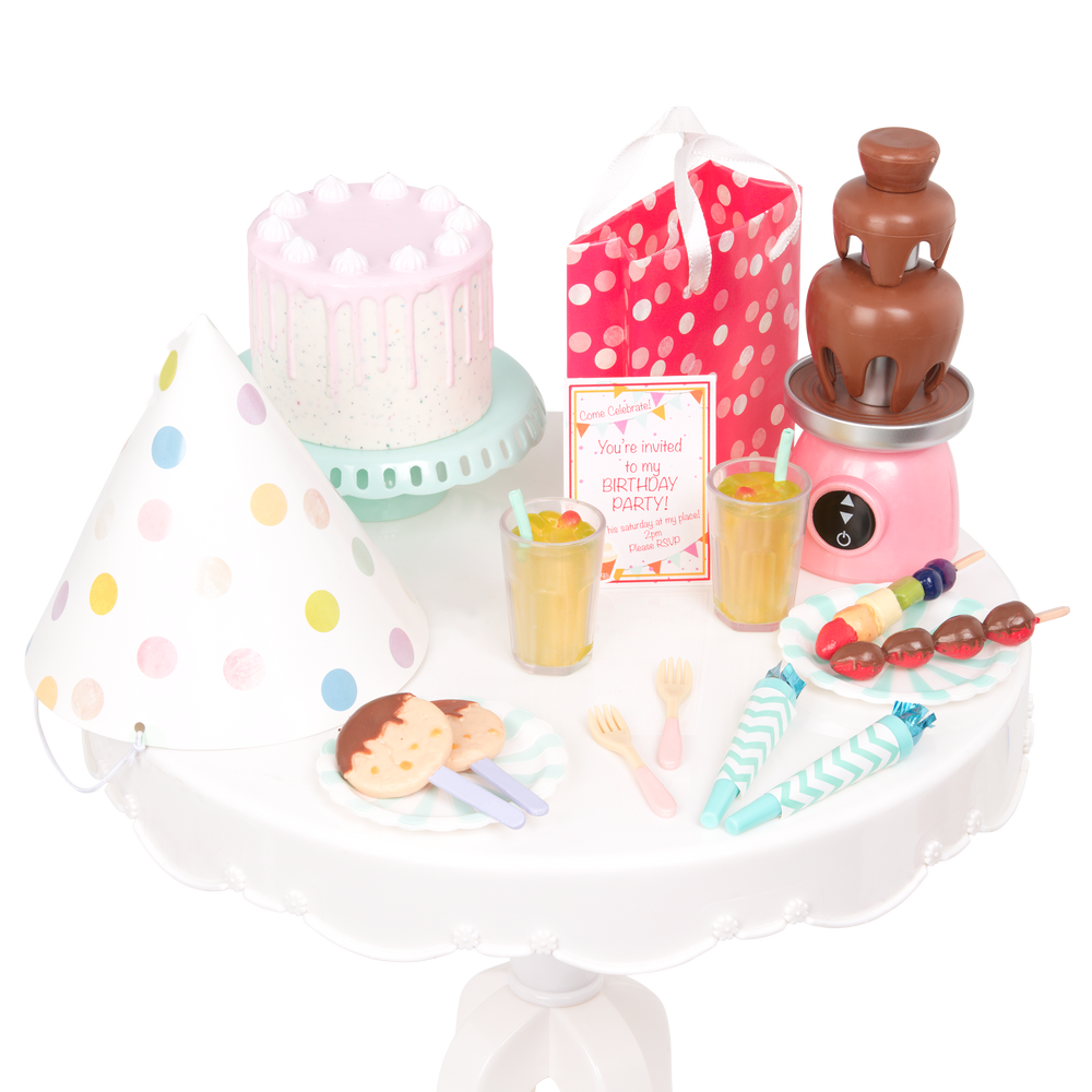 Party Time - Doll Birthday Party Set - Table. Food Accessories & Party Hat - Accessories for 46cm Dolls - Our Generation