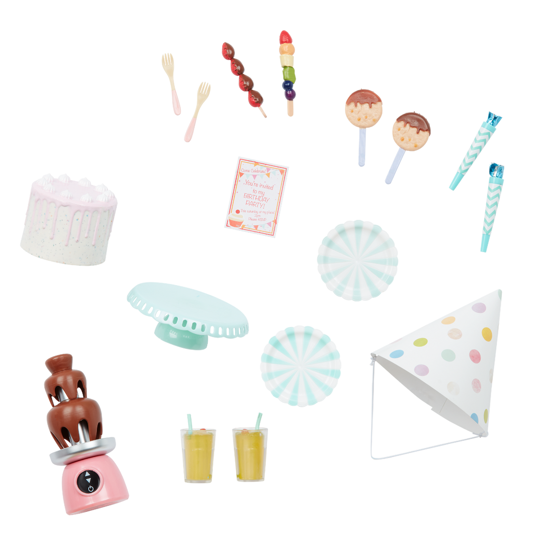 Party Time - Doll Birthday Party Set - Table. Food Accessories & Party Hat - Accessories for 46cm Dolls - Our Generation