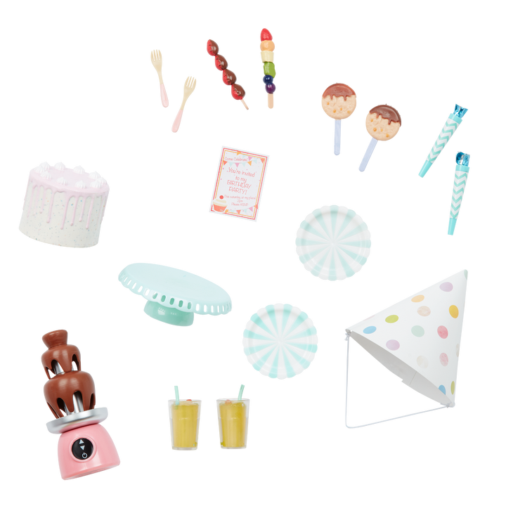 Party Time - Doll Birthday Party Set - Table. Food Accessories & Party Hat - Accessories for 46cm Dolls - Our Generation