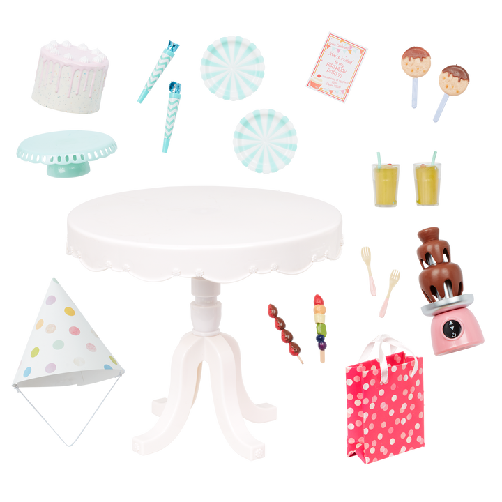 Party Time - Doll Birthday Party Set - Table. Food Accessories & Party Hat - Accessories for 46cm Dolls - Our Generation