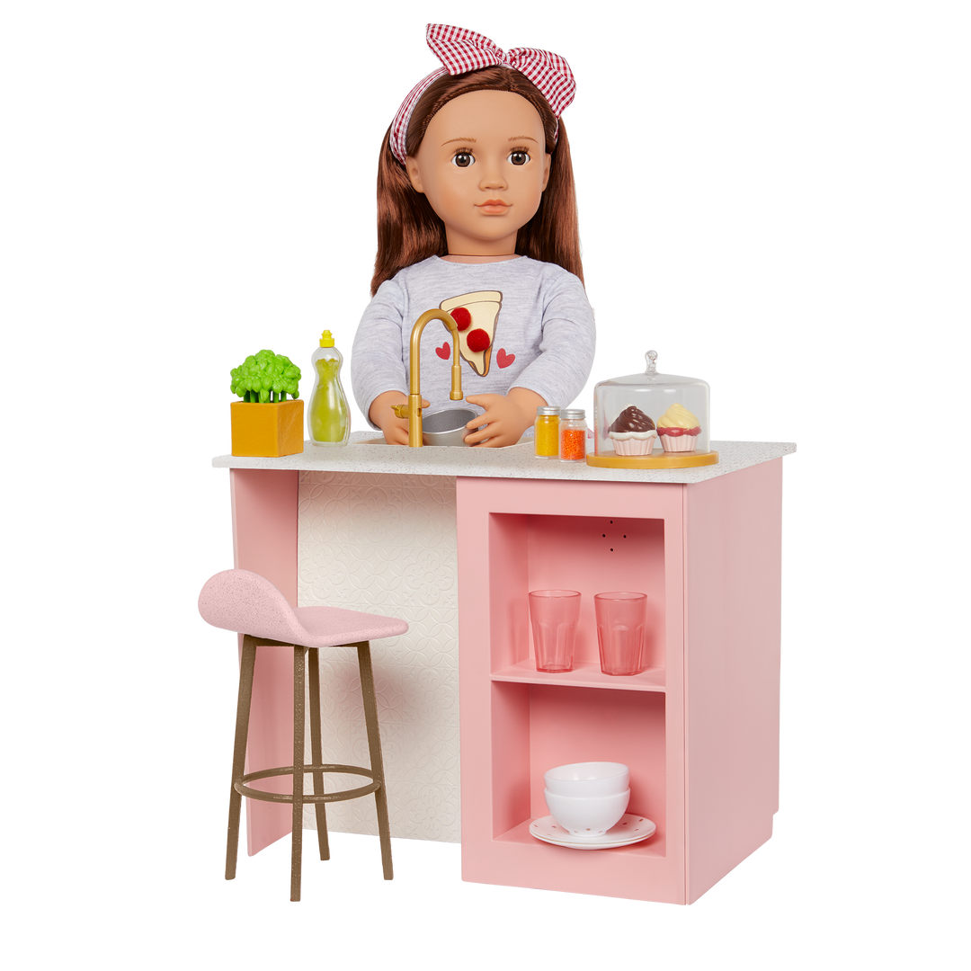 OG Cooking Island - Pink Cooking Island & Bar Stool - Food & Cooking Accessories for Dolls - Doll Furniture - Furniture for Dollhouse - Dollhouse Kitchen - Our Generation