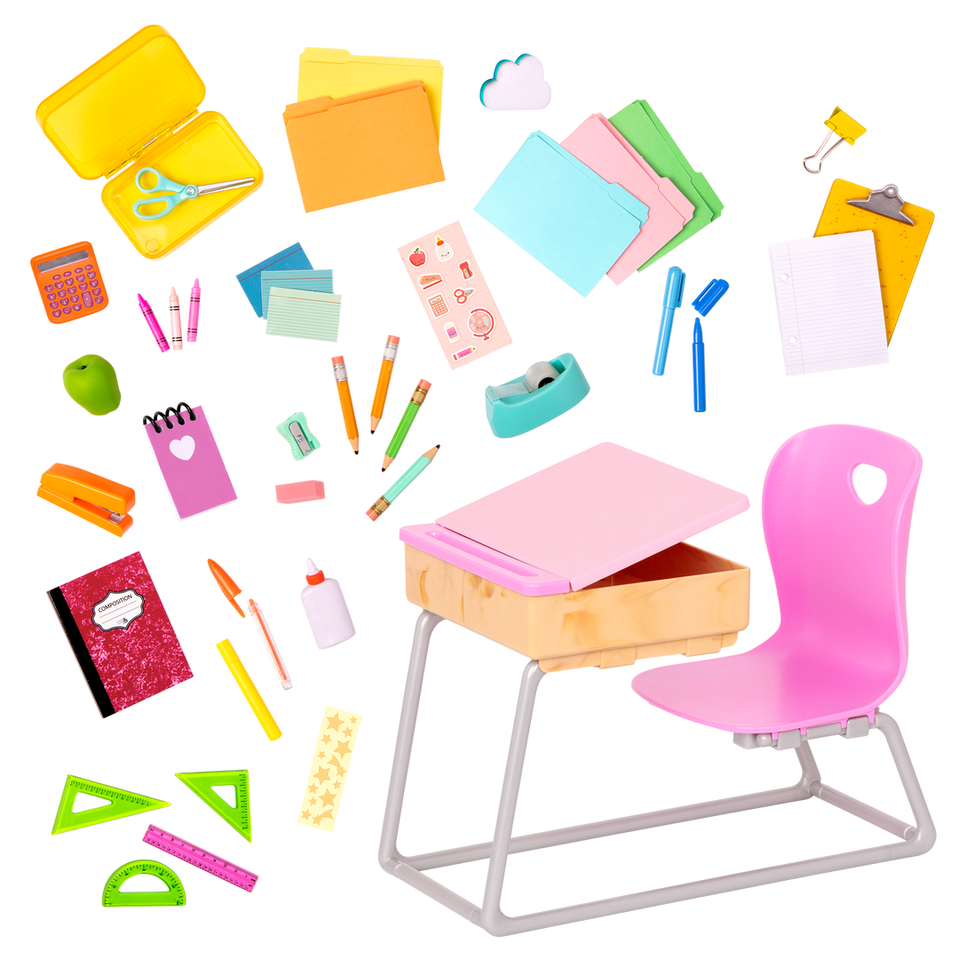 Flying Colours - 46cm Doll Desk Playset - School Supplies & Accessories for 46cm Dolls - Pink Chair & Desk, Pencils, Pens & Paper - Our Generation UK