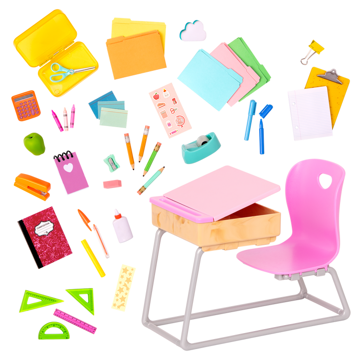 Flying Colours - 46cm Doll Desk Playset - School Supplies & Accessories for 46cm Dolls - Pink Chair & Desk, Pencils, Pens & Paper - Our Generation UK