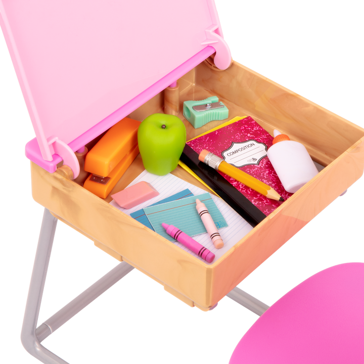 Flying Colours - 46cm Doll Desk Playset - School Supplies & Accessories for 46cm Dolls - Pink Chair & Desk, Pencils, Pens & Paper - Our Generation UK