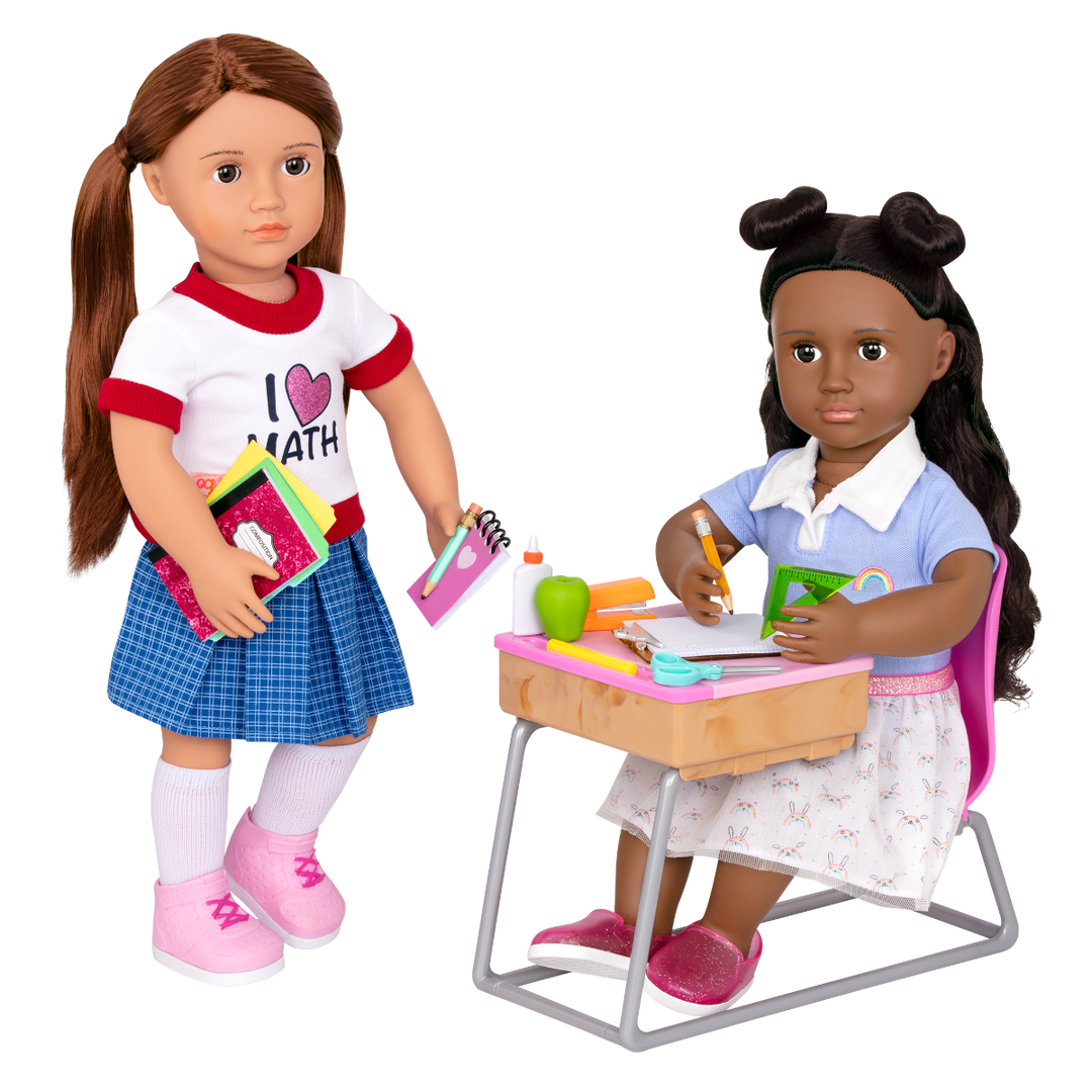 Flying Colours - 46cm Doll Desk Playset - School Supplies & Accessories for 46cm Dolls - Pink Chair & Desk, Pencils, Pens & Paper - Our Generation UK