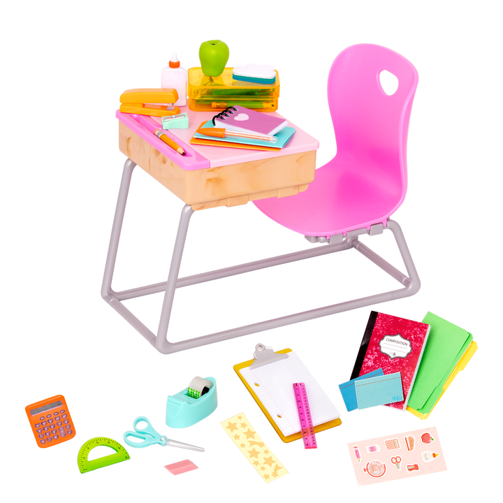 Flying Colours - 46cm Doll Desk Playset - School Supplies & Accessories for 46cm Dolls - Pink Chair & Desk, Pencils, Pens & Paper - Our Generation UK