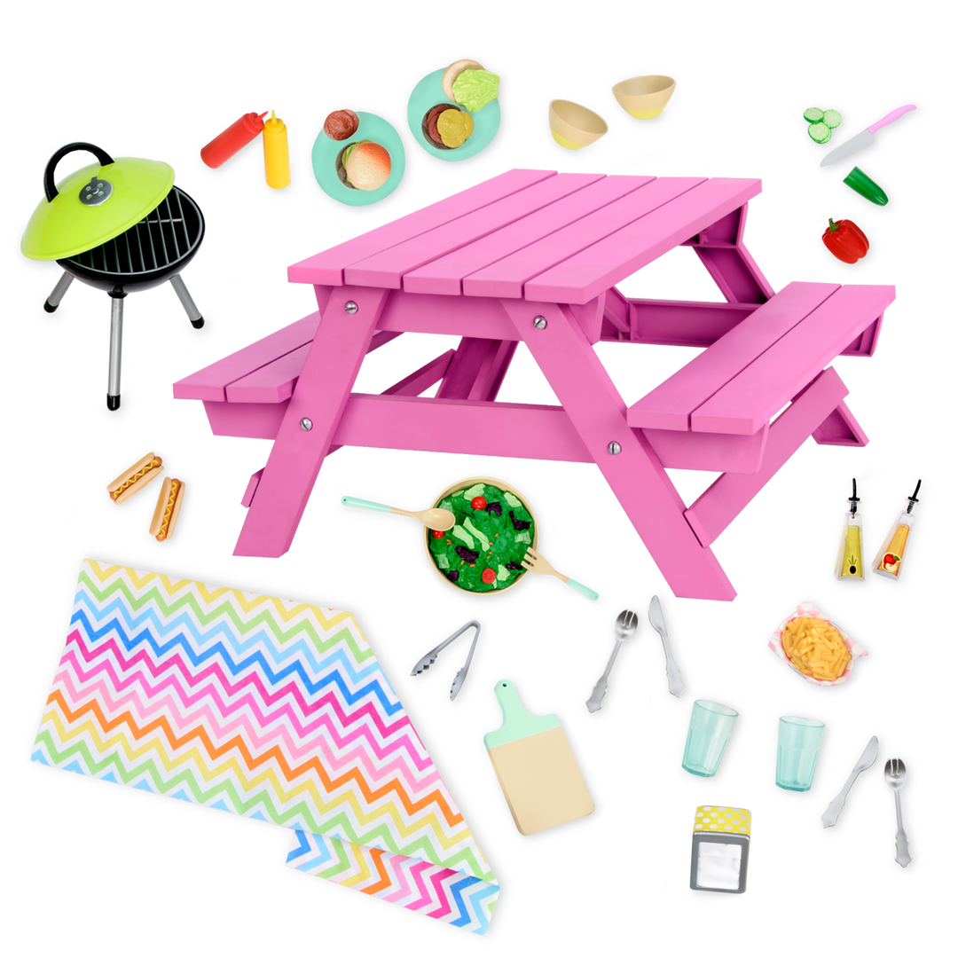 Picnic Table Set - Pink Picnic Table & BBQ Accessories - Food Accessories for OG Dolls - Our Generation