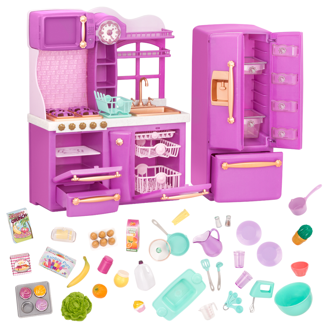 Gourmet Kitchen Set - Lilac Kitchen Playset for 46cm Dolls - Toy Kitchen with Food Accessories - Doll Furniture - Furniture for Dollhouses - Our Generation UK