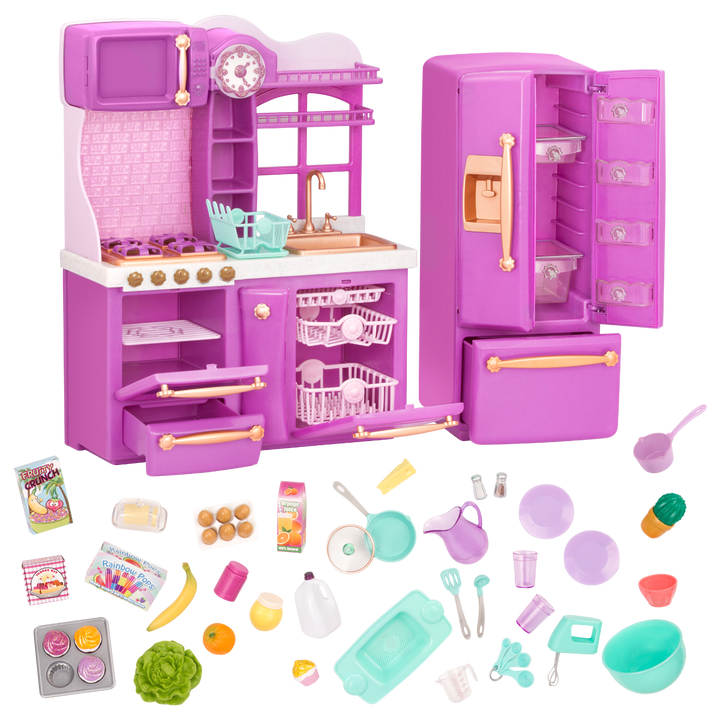 Gourmet Kitchen Set - Lilac Kitchen Playset for 46cm Dolls - Toy Kitchen with Food Accessories - Doll Furniture - Furniture for Dollhouses - Our Generation UK