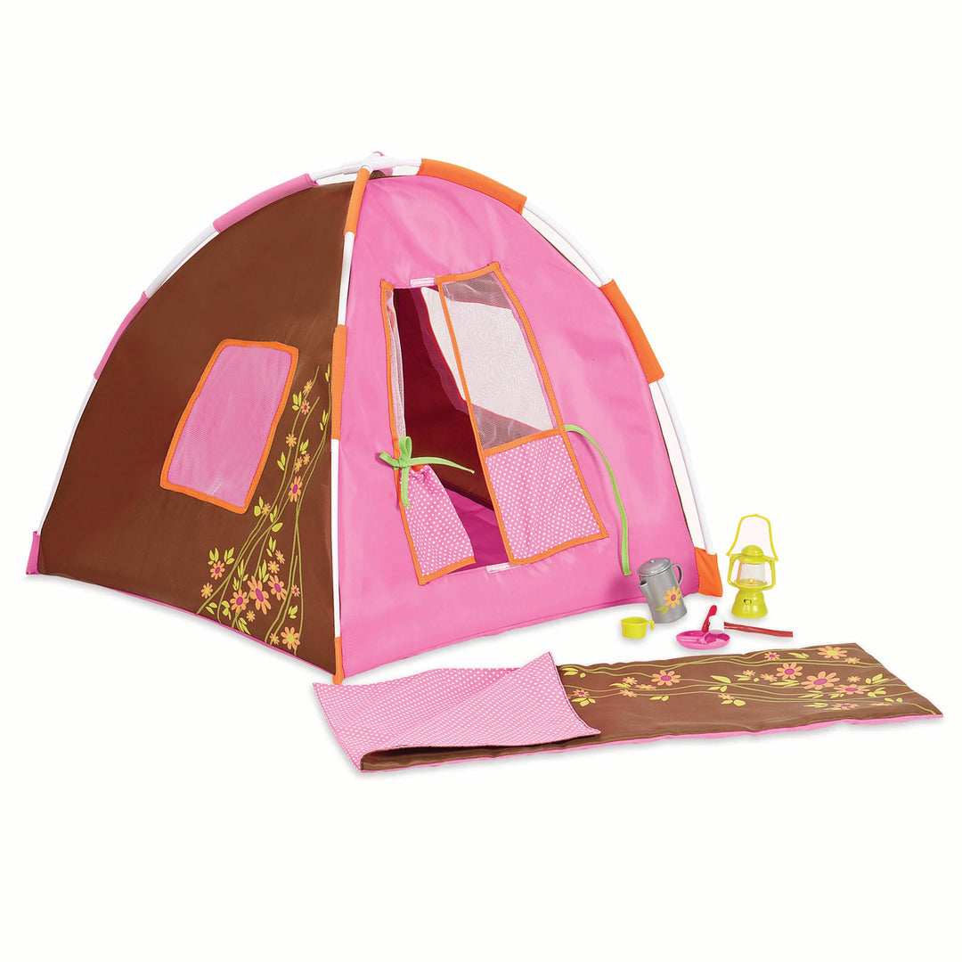 Polka Dot Camping Set - Pink & Brown Tent for Dolls - Camping Accessory Set - Our Generation