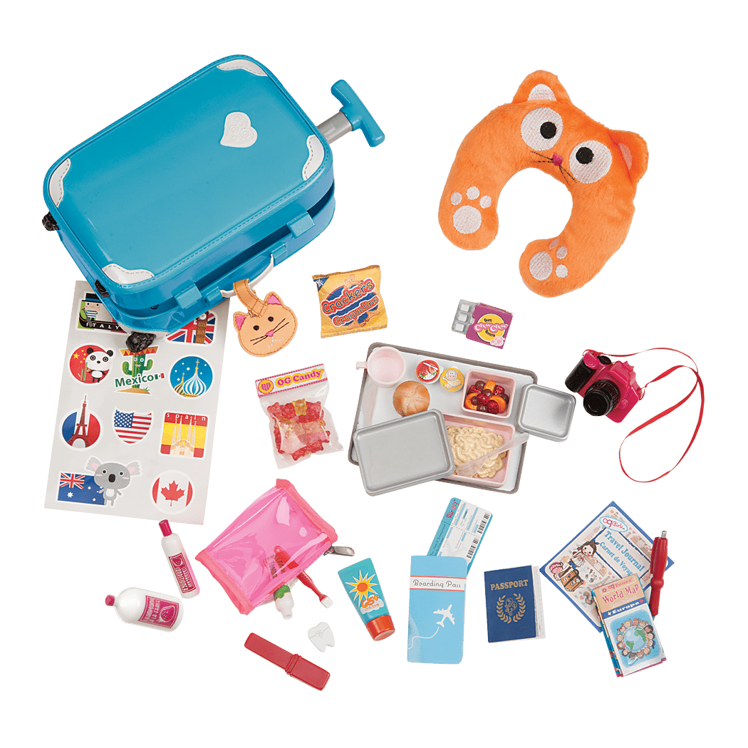 Well Travelled Luggage Set - Travel Playset in Blue - Blue Suitcase & Travel Accessories for Dolls - Our Generation UK