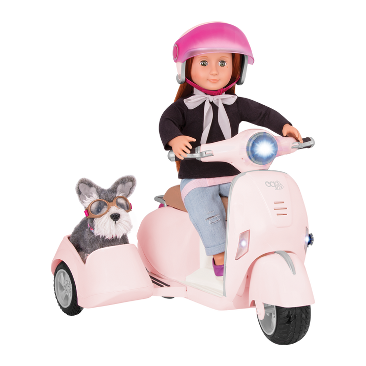 Sabina and Pup riding in Ride Along Scooter with Sidecar