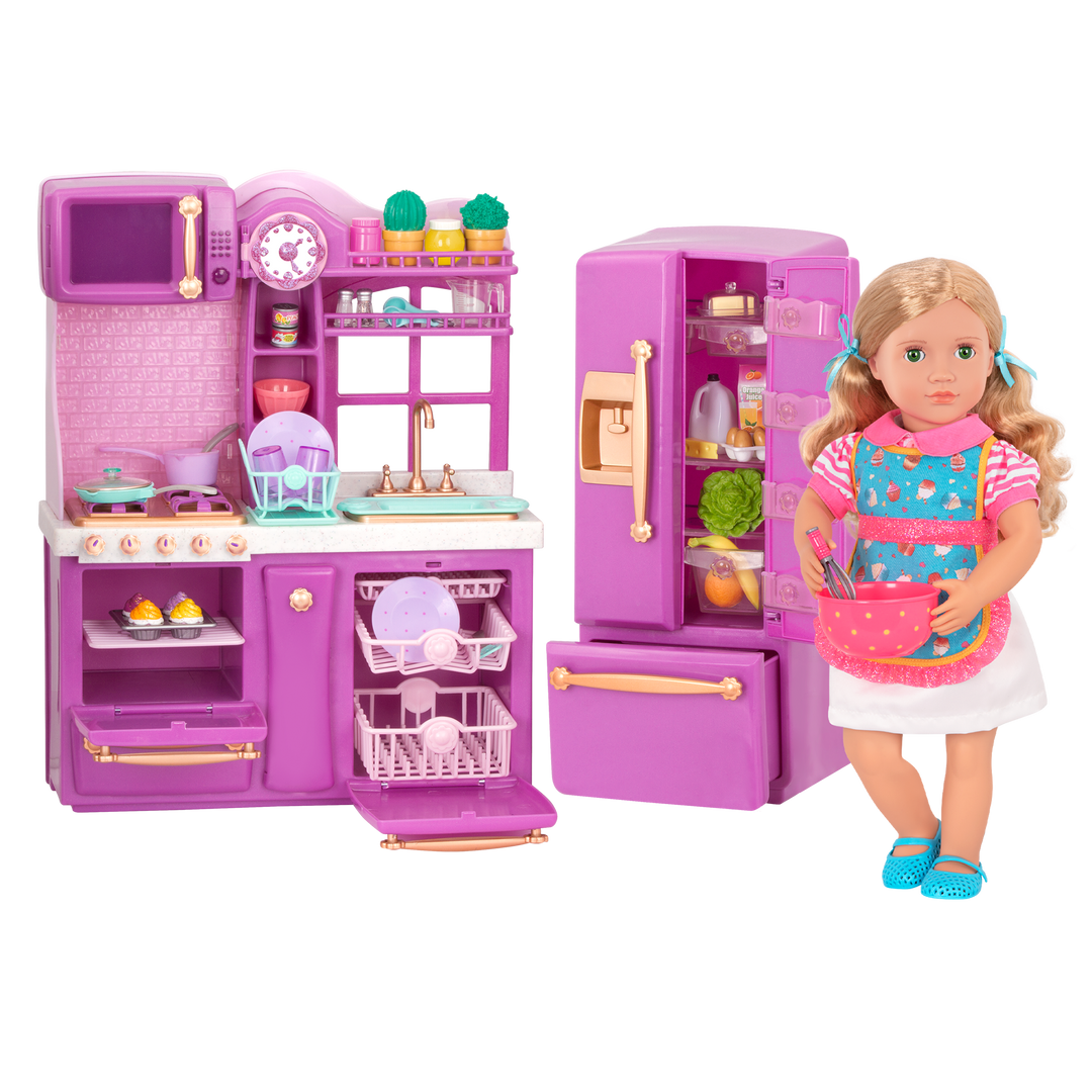 Gourmet Kitchen Set - Lilac Kitchen Playset for 46cm Dolls - Toy Kitchen with Food Accessories - Doll Furniture - Furniture for Dollhouses - Our Generation UK