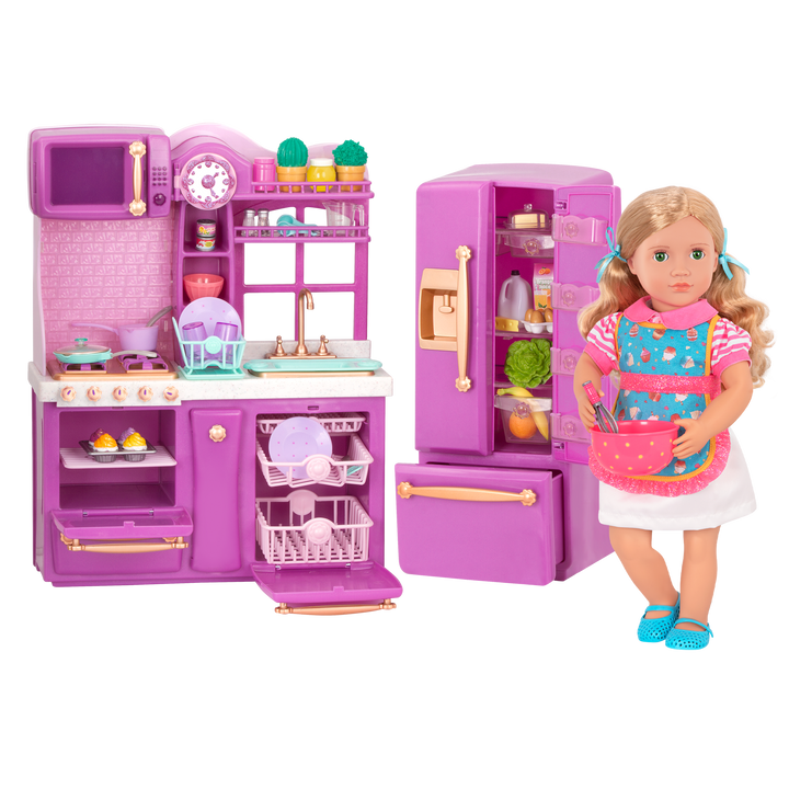 Gourmet Kitchen Set - Lilac Kitchen Playset for 46cm Dolls - Toy Kitchen with Food Accessories - Doll Furniture - Furniture for Dollhouses - Our Generation UK