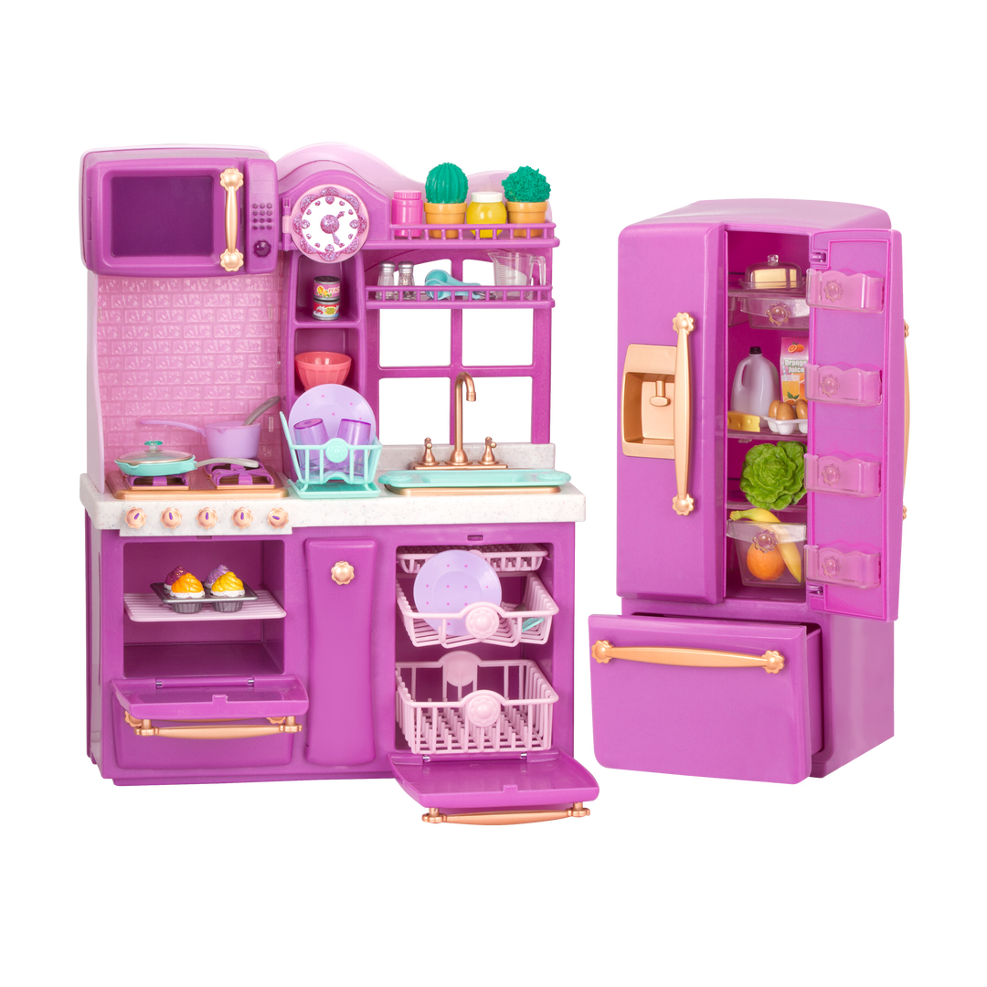 Gourmet Kitchen Set - Lilac Kitchen Playset for 46cm Dolls - Toy Kitchen with Food Accessories - Doll Furniture - Furniture for Dollhouses - Our Generation UK