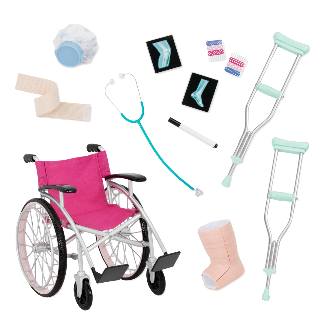 Heals on Wheels - Medical Accessory Set for Dolls - Doll Wheelchair & Medical Accessories - Crutches & Leg Cast - Doll Accessories - Our Generation