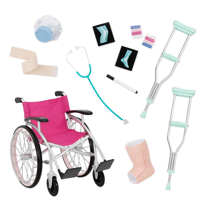 Heals on Wheels - Medical Accessory Set for Dolls - Doll Wheelchair & Medical Accessories - Crutches & Leg Cast - Doll Accessories - Our Generation