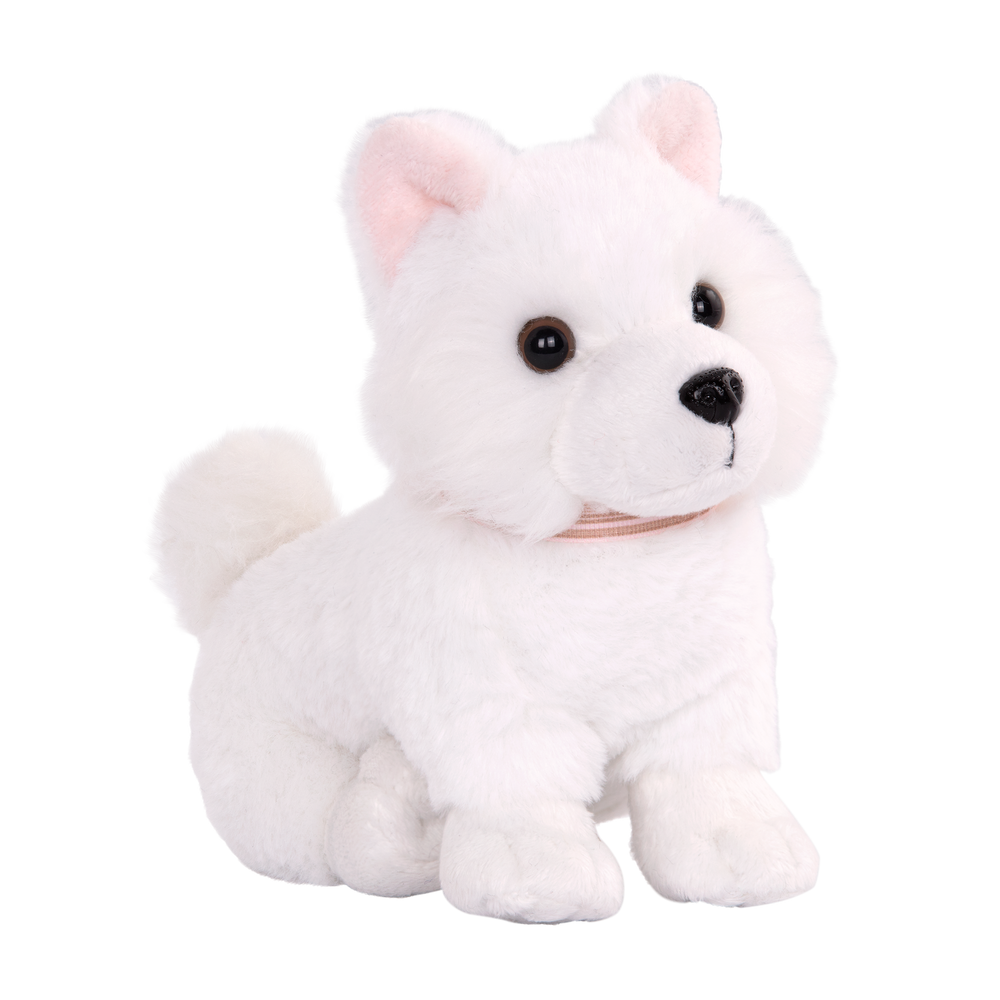 American Eskimo Pup - 15cm Dog with White Fur - Pink Collar & Lead - Pets for 46cm Dolls - OG Pup - Our Generation UK