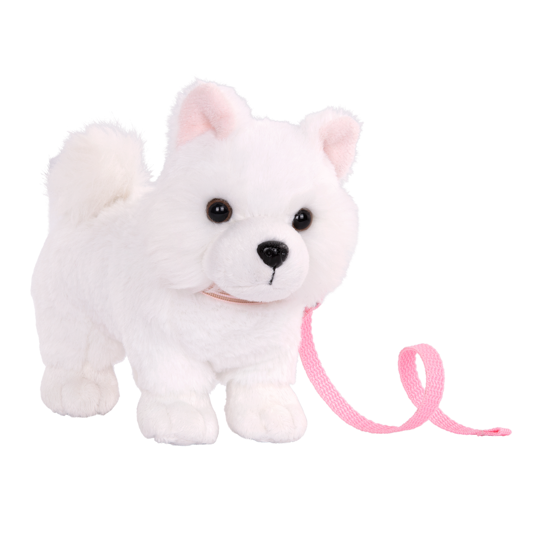 American Eskimo Pup - 15cm Dog with White Fur - Pink Collar & Lead - Pets for 46cm Dolls - OG Pup - Our Generation UK