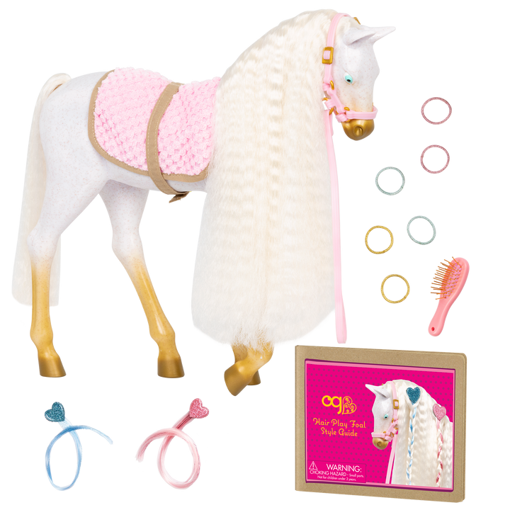 Andalusian Hair Play Foal - 30cm Horse with Long White Hair - Horse with Hair-Styling Accessories - Foal with Hair Styling Booklet - Accessories for Dolls - Our Generation