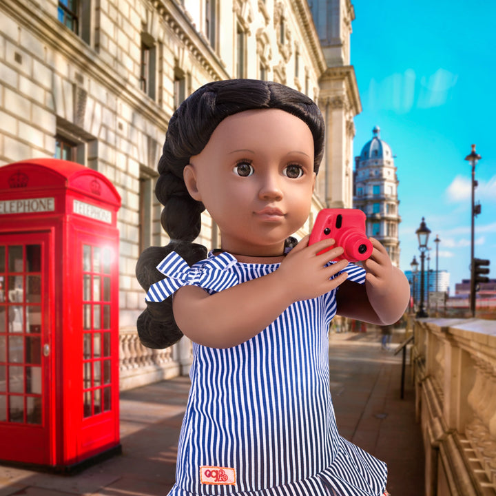 Tourist outfit with polaroid camera and pictures for 18-inch doll